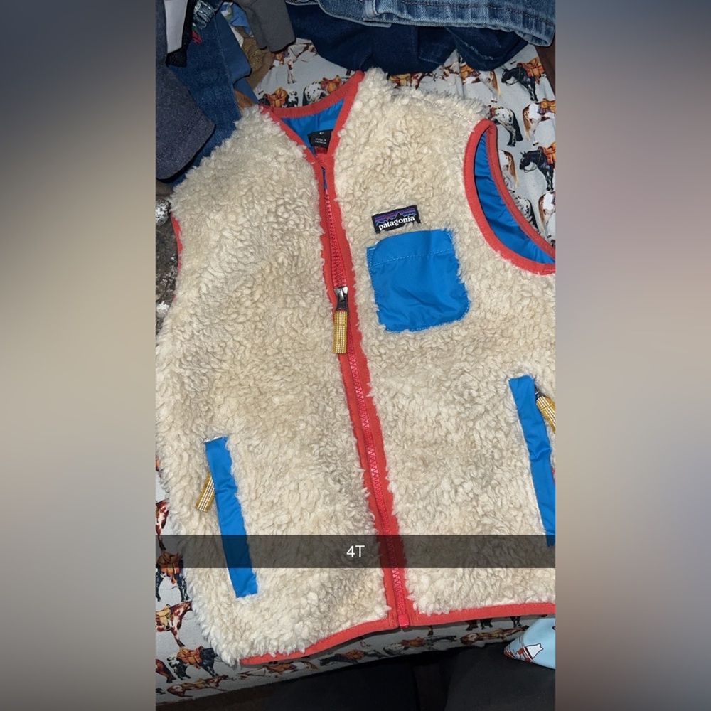 Patagonia Cream Sherpa Vest with Blue Pockets and Coral Trim